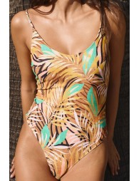 Bañador con escote redondo, lazada y estampado.