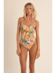 Bañador con escote redondo, lazada y estampado.