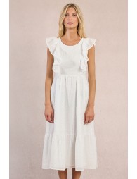 Vestido largo, de manga corta, con volantes y lunares.