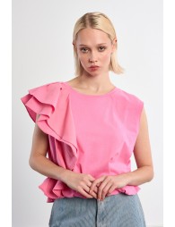 Camiseta de mujer de manga asimétrica, con volantes.