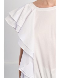 Camiseta de mujer de manga asimétrica, con volantes.