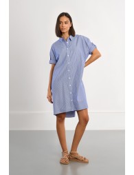 Vestido camisero, de manga corta, estampado rayas y abalorios.