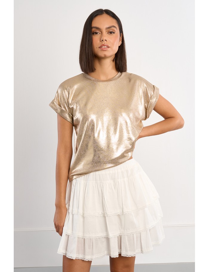 Camiseta demujer de manga corta, en tejido dorado.