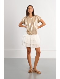 Camiseta demujer de manga corta, en tejido dorado.