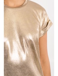 Camiseta demujer de manga corta, en tejido dorado.