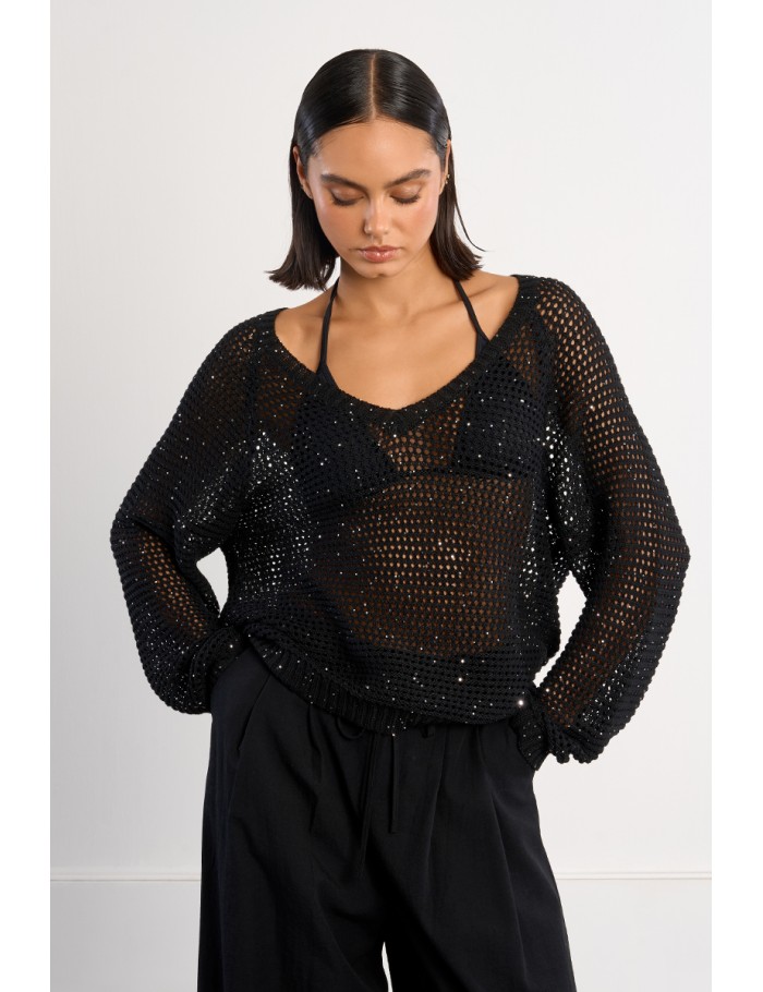 V-neck sweater, studded with rhinestones