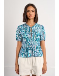 Top de mujer de manga corta, con estampado y lazada.