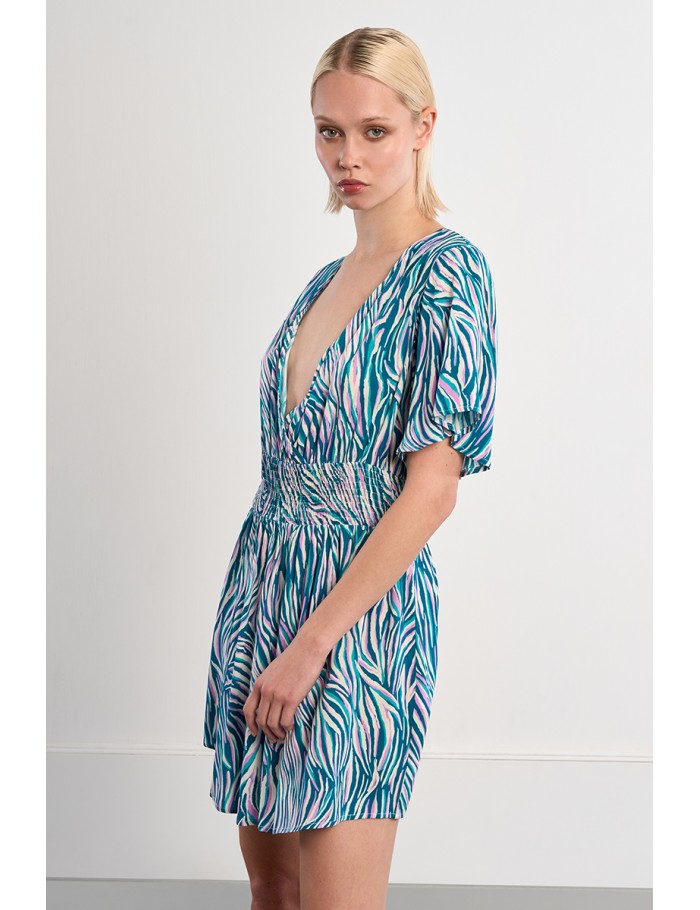 Vestido de manga corta mariposa, con estampado multicolor.