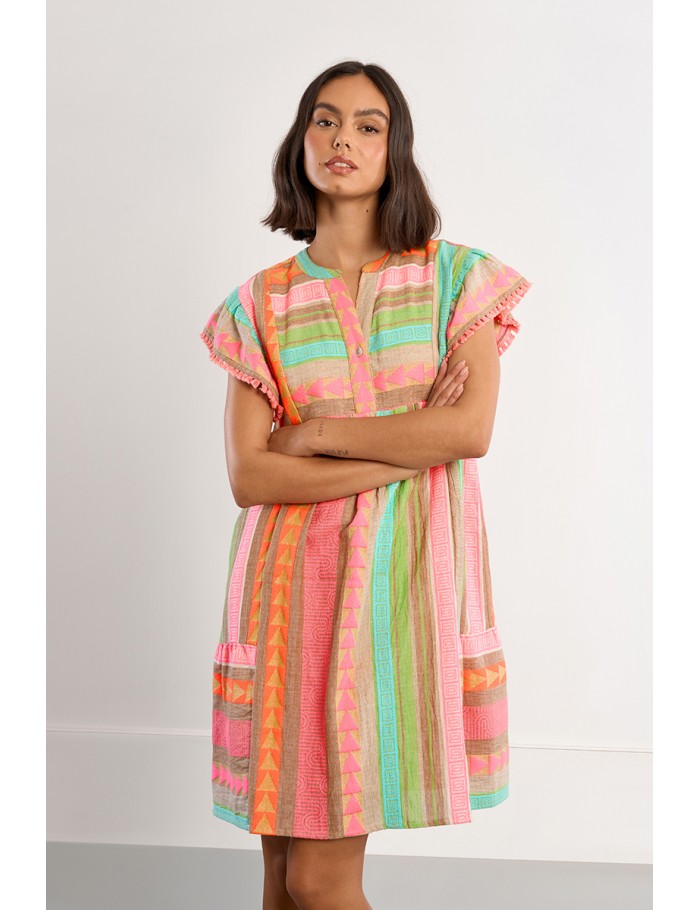 Vestido de manga corta, con estampado multicolor.