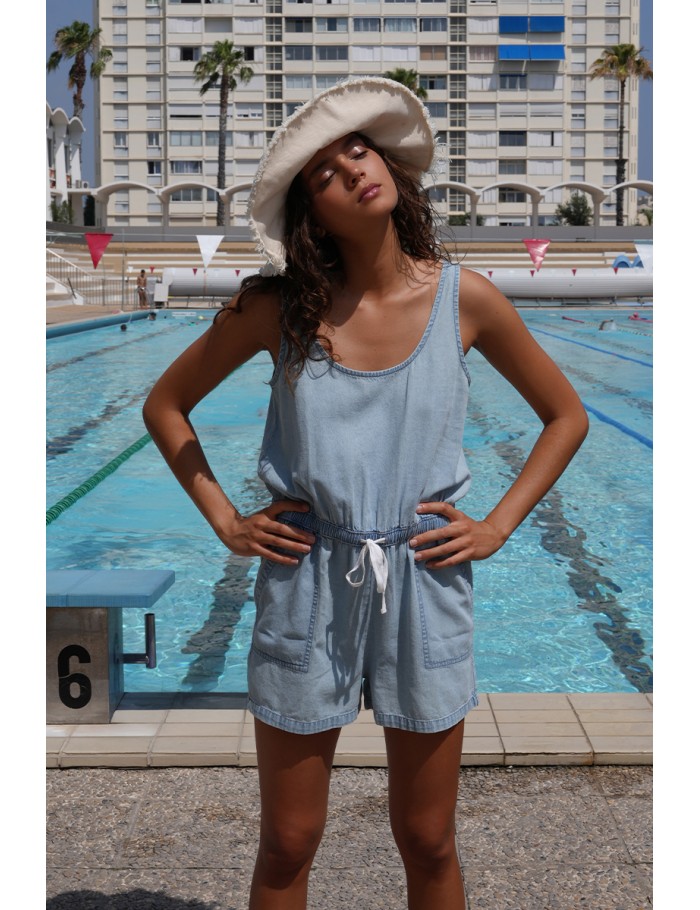 Cotton romper, denim effect