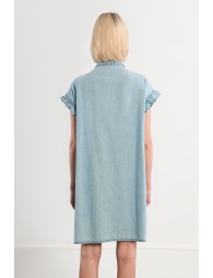 Cotton smocked dress with a denim effect