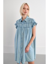 Cotton smocked dress with a denim effect