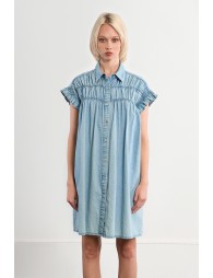 Cotton smocked dress with a denim effect