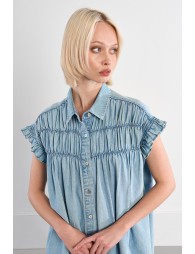 Cotton smocked dress with a denim effect