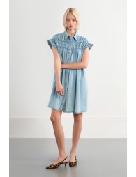 Cotton smocked dress with a denim effect