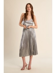 Long pleated skirt, metallic effect
